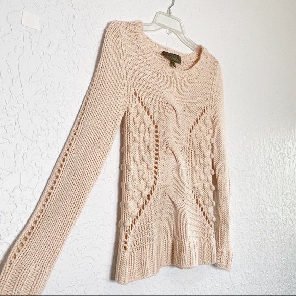 Charlotte Tarantola pompon Pink Wool Blend cable Open Knit Sweater Size XS - Picture 6 of 10